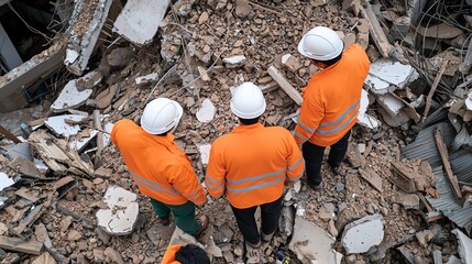 Rescue workers assess damage at a construction site after a collapse, wearing safety gear and helmets amidst debris.