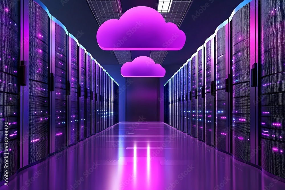 Poster purple glowing cloud icon in a vibrant corridor symbolizing the energy and dynamism of cloud computi