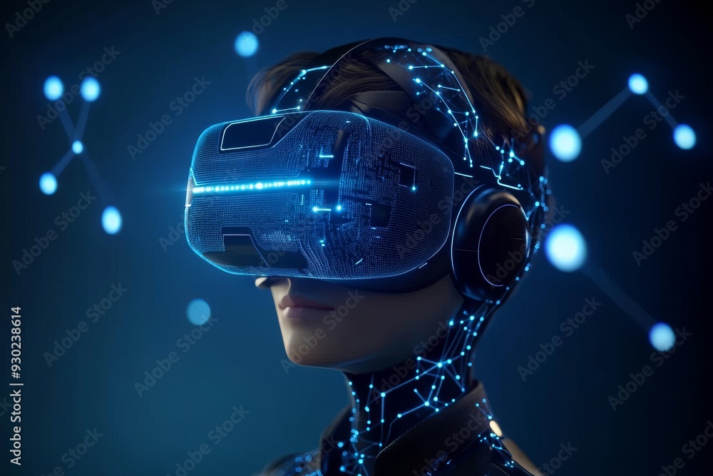 Aufkleber person wearing vr headset surrounded by glowing data points representing the immersive potential of 