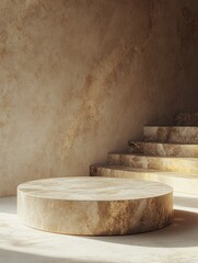 3D rendering of a podium product on a textured stone surface, with warm golden lighting to create a welcoming atmosphere. copy space, ai