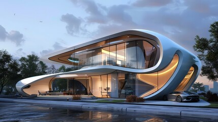 Obraz premium Illustrate a futuristic home exterior with innovative shapes, advanced materials, and smart technology integration, highlighting forward-thinking design.