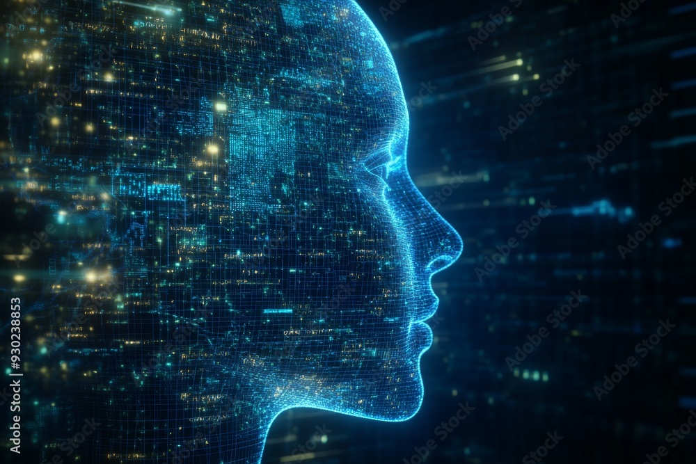 Poster digital human head made of blue data particles symbolizing the integration of human intelligence and