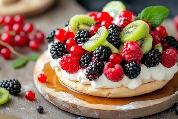 Delicious pavlova topped with fresh berries and kiwi on a wooden table