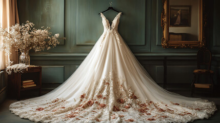 An off-white wedding gown with a dramatic, sweeping train and intricate floral appliqué.