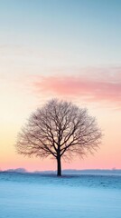 Single tree against a colorful twilight sky in winter