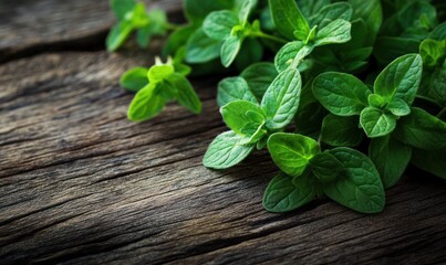 Fresh Green Mint Leaves on Rustic Wooden Background