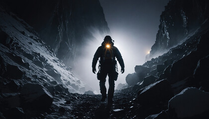 Obraz premium Mountain Roams in Foggy Winter: The Pioneer's Transit Overwhelmed in Landslide