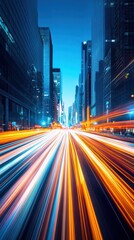 Fototapeta premium A timelapse of a bustling city street at night with streaks of car lights and pedestrians moving, creating a dynamic and energetic urban atmosphere