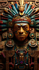Obraz premium An illustration of a historical event or god from an Aztec codex, with colorful Mesoamerican glyphs