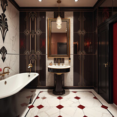 Art Deco styled luxury bathroom with elegant fixtures and marble tiles