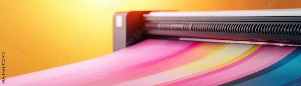 Poster High-resolution print technology showcasing vibrant colors emerging from a printer, ideal for design and printing projects.