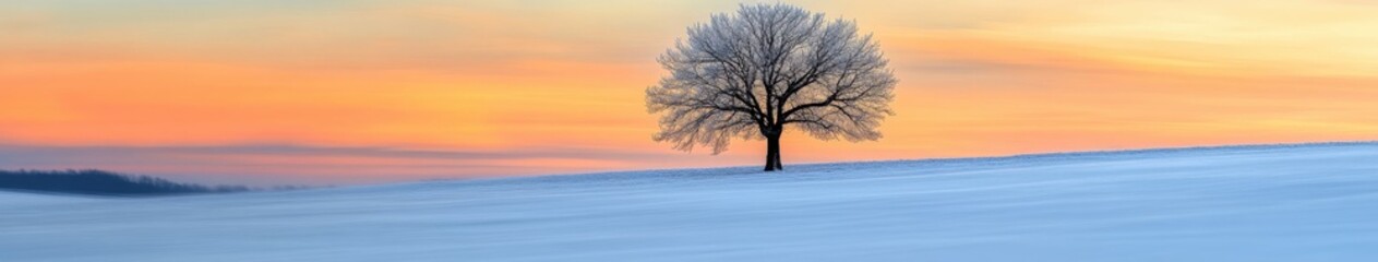 Solitary tree in snowy field during a colorful sunset
