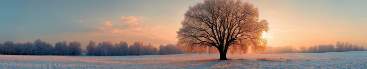 Snow-covered field with a solitary tree at sunset in winter