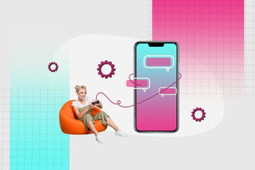 Composite photo collage of happy blonde girl sit beanbag play gamepad phone screen notification...