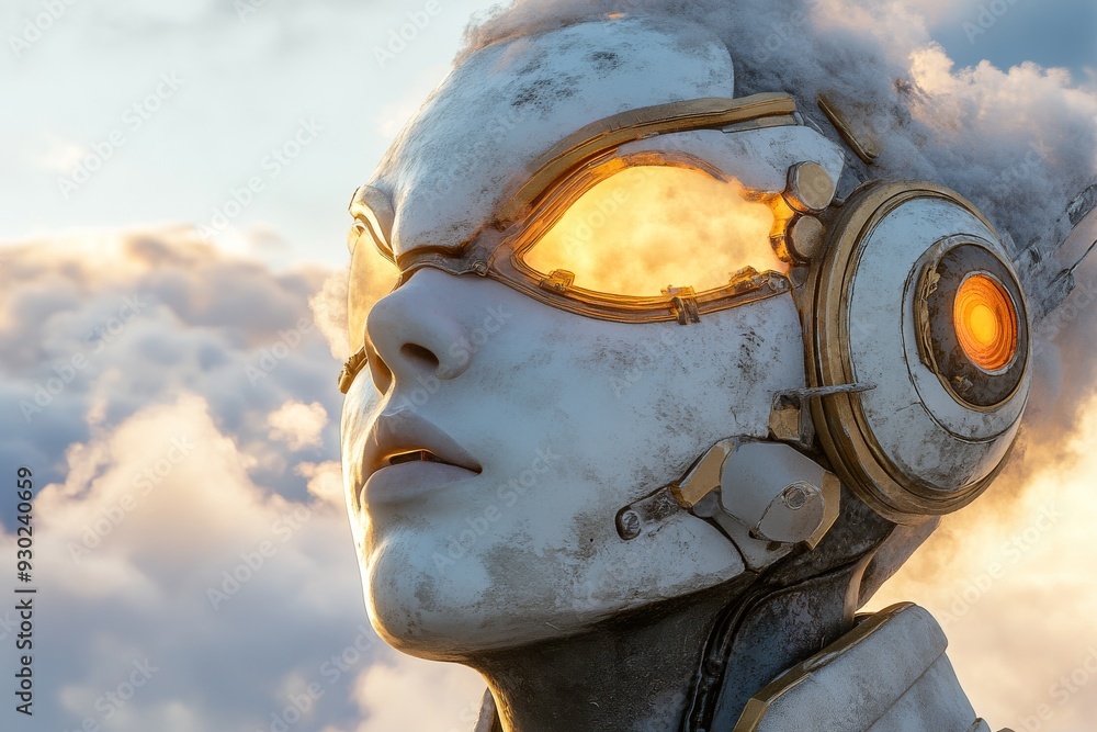 Poster weathered robot face close up with a contemplative expression reflecting on artificial intelligence