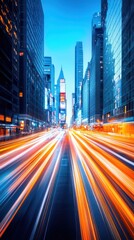 Obraz premium A timelapse of a bustling city street at night with streaks of car lights and pedestrians moving, creating a dynamic and energetic urban atmosphere