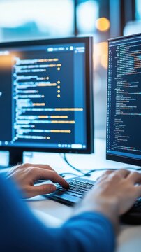 A tech startup team coding and collaborating in a minimalist office, with computer screens filled with code and diagrams, emphasizing the energy and focus of modern entrepreneurship