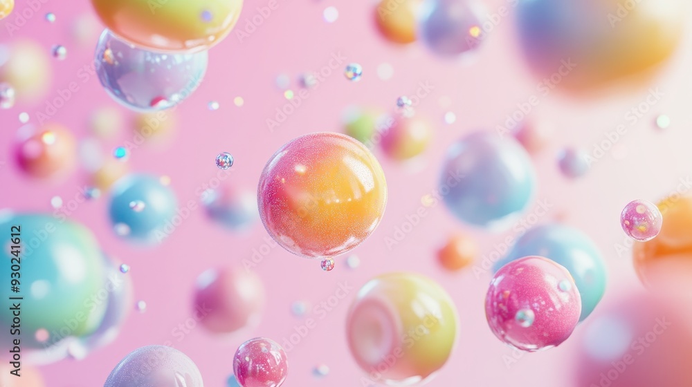 Poster colorful, translucent bubbles floating in a soft pastel background, creating a whimsical effect.