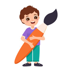 Fototapeta premium Little boy with paintbrush in his hands. Schoolchild character for art school. Child loves to paint with paints
