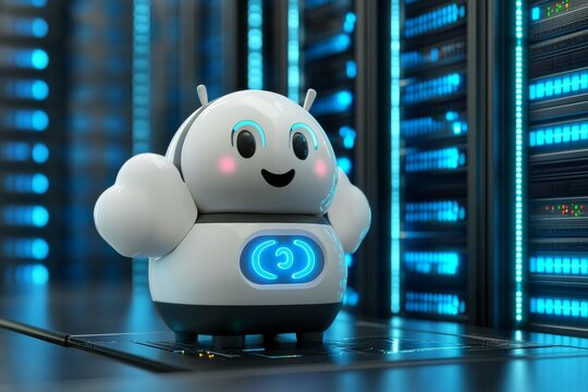 Cute cloud character on a tech platform in a digital world embodying user friendly technology