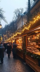 Discovering Delights at Christmas Market. Curious and happy people, tourists buying souvenirs and food at Christmas market, festival outdoor.