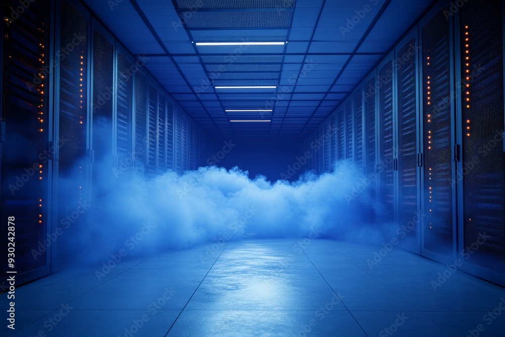 Poster fog rolls through a futuristic server room adding mystery to the high tech environment