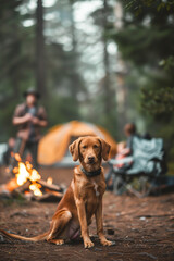 Cute dog sitting on a backdrop of tents and bonfire at campsite. Camping trip with a pet. Exploring nature.