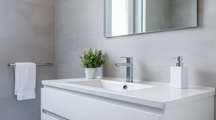 Fototapeta premium A modern bathroom with sleek fixtures, a clean countertop, and a stylish plant adding a touch of greenery to the space.