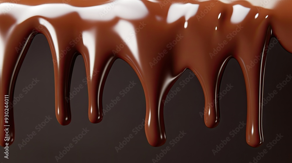 Poster a close-up 3d view of chocolate dripping down an edge, with smooth, shiny surfaces that emphasize th