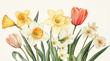 Botanical illustration featuring daffodils and tulips, ideal for elegance and celebration themes.