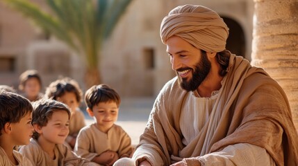 Obraz premium A man in a robe sitting on the ground with children, AI