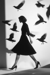 Elegant brunette woman walking through a crowd of birds in black and white