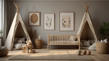 Obraz premium Mockup wall in the children's room on wall white colors background.3D Rendering.