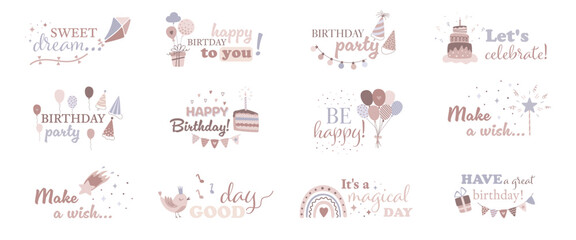 Happy birthday set of lettering in trendy flat design. Birthday party mood phrases with cute design elements in minimal style. Hand drawn vector illustration.