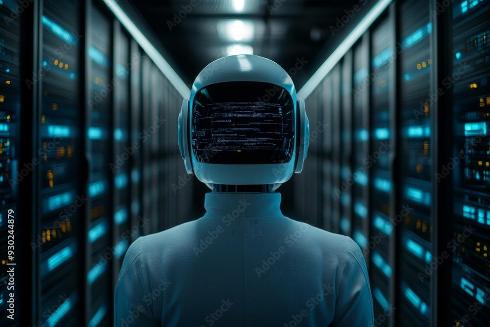 Poster man in virtual reality headset immersed in a digital world within a futuristic server room