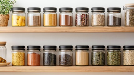 A neatly arranged display of spice jars on a wooden shelf, showcasing vibrant colors and various spices for culinary inspiration.