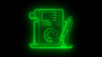 Neon Digital Document Management Icon with Gear and Pen, High-Tech Document Interface, Online Document Workflow.