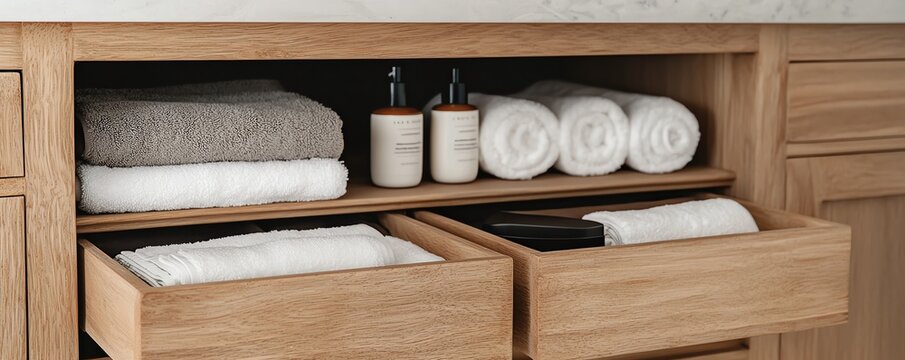 A neatly organized bathroom cabinet featuring towels, bottles, and storage drawers, enhancing spa-like aesthetics.