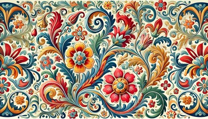 An elaborate ornamental design showcasing colorful flowers and graceful vines, exuding a classic yet dynamic aesthetic.