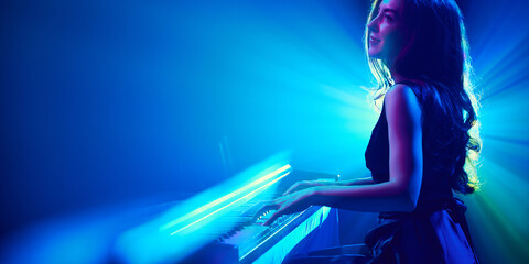 Pianist bathed in stage light plays melody, blends seamlessly with vibrant colors surrounding her, creating surreal musical experience. Concept of classical and modern music, entertainment, jazz. Ad