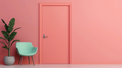 A stylish room featuring a coral wall, a modern green chair, and a door, creating a vibrant and inviting atmosphere.