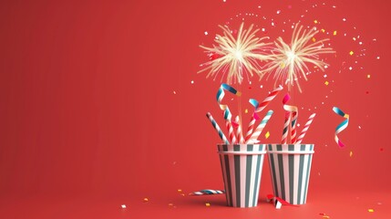 Two Striped Cups with Fireworks and Confetti