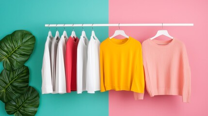 A vibrant display of colorful sweaters hanging on a rack against a two-tone background, perfect for fashion and retail concepts.