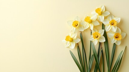 Yellow daffodils, fresh spring flowers, green stems, pale yellow background, copy space for text, flat lay photography, high resolution, springtime theme.