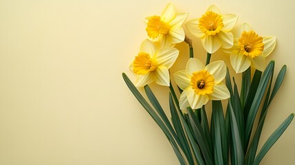 Yellow daffodils, fresh spring flowers, green stems, pale yellow background, copy space for text, flat lay photography, high resolution, springtime theme.