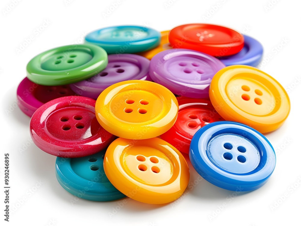 Poster colorful assortment of buttons on a white background showcasing various shapes and sizes