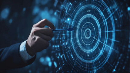 Businessman gesturing to protect a virtual blue dartboard with an arrow. Represents business achievement and objective target concepts.