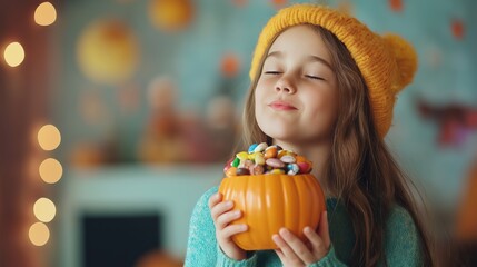 Festive Halloween Girl Holding Pumpkin Cup Overflowing with Candies in Holiday Spirit