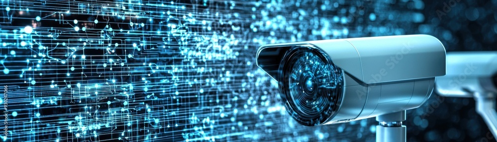 Poster innovative surveillance camera technology capturing digital data in a connected world, enhancing sec