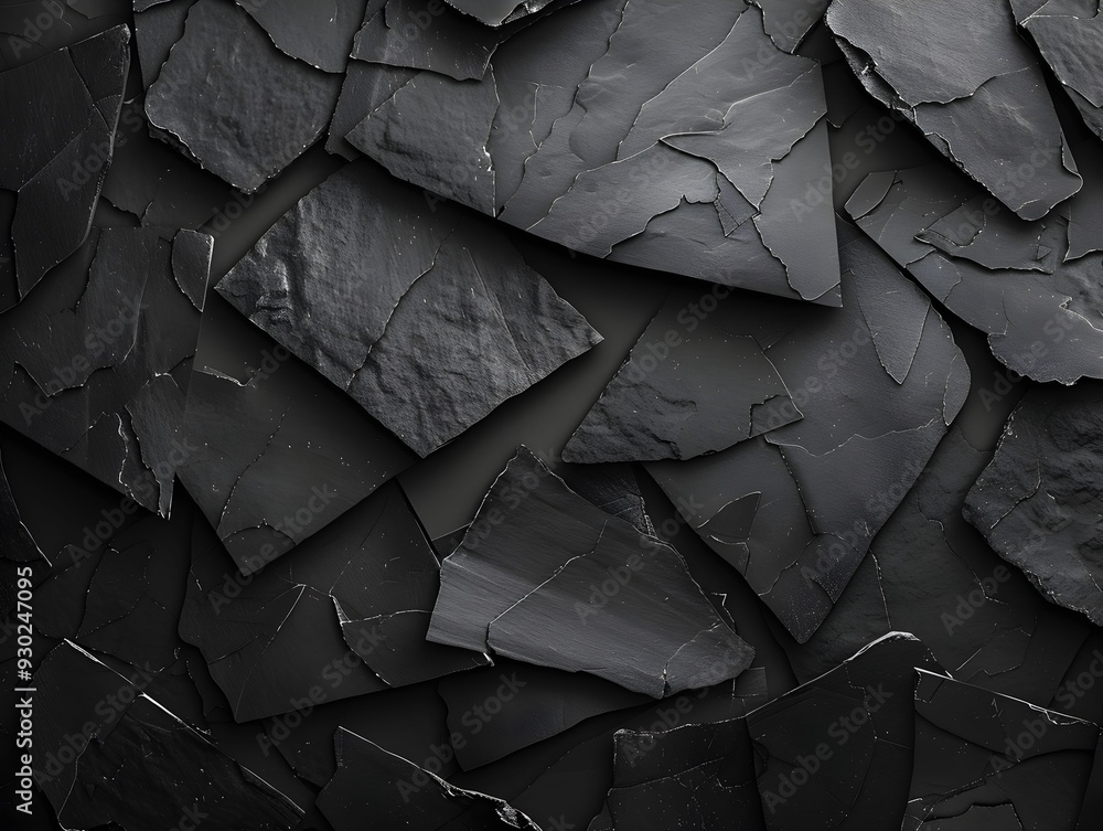 Poster textured black slate tiles arranged in a layered pattern, creating an abstract background